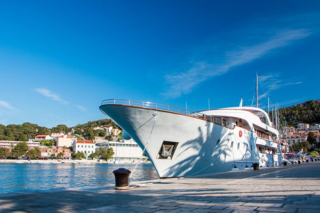 Boutique cruise ship moored in a Croatian harbor